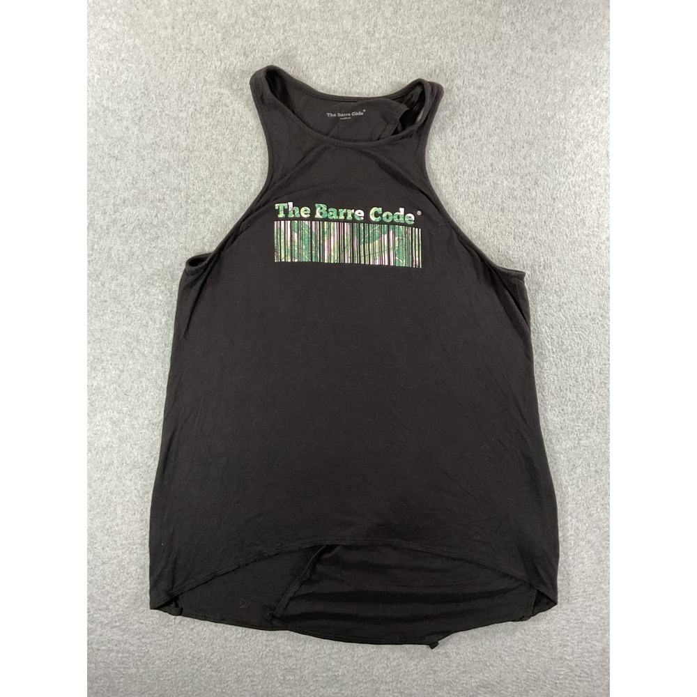 The Barre Code Women Black Open Split Back Palm Barcode Graphic Tank Med 1427